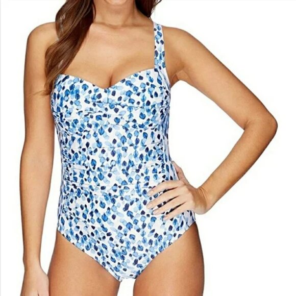 Nip Tuck Blue Petal Plunge Joanne Twist Front Tummy Control One Piece Swimsuit - Picture 1 of 15